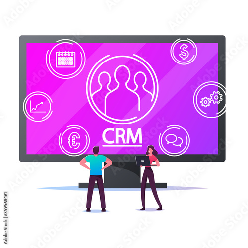 Crm System, Customer Relationship Management, Business Development Concept. Tiny Male and Female Characters Analysing Clients Profile and Database at Huge Computer. Cartoon People Vector Illustration