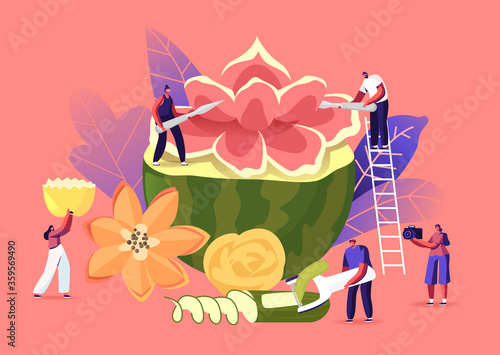 Tiny Characters Carving Huge Fruits and Vegetables. People Make Beautiful Flower of Watermelon. Traditional Thailand Art of Fruit and Vegetable Carving, Food Sculptures. Cartoon Vector Illustration