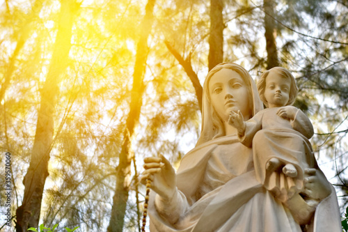 Statue of Our lady and child Jesus in catholic church, Thailand. selective focus.