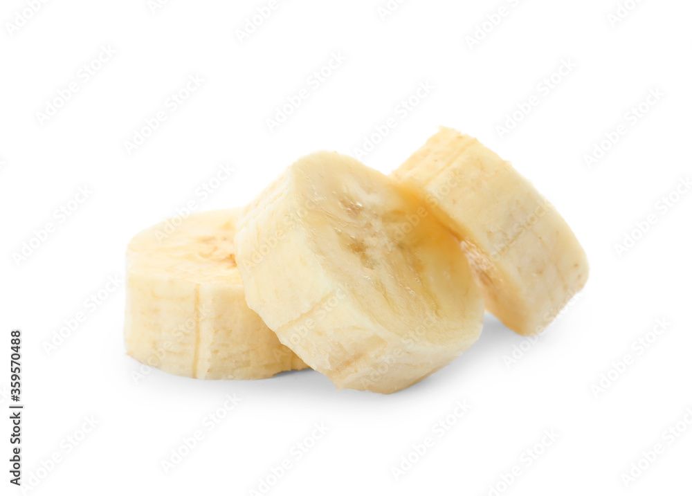 Pieces of tasty ripe banana isolated on white Pieces of tasty ripe banana isolated on white