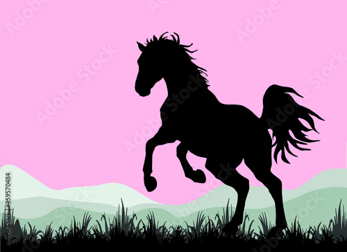 dark silhouette of a wild horse galloping against the evening sky  vector isolated  color image