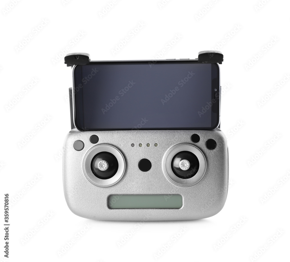 Drone controller with smartphone isolated on white Drone controller with smartphone isolated on white