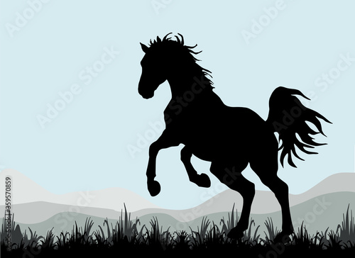 dark silhouette of a wild horse galloping against the evening sky  isolated  color image