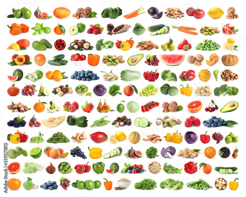 Set of fruits  vegetables. berries and nuts on white background