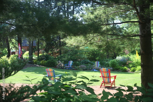 garden in the park, summer day, chairs  distance for today 