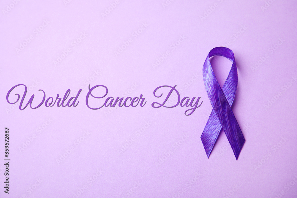 Purple ribbon on lilac background, top view. World Cancer Day Purple ribbon on lilac background, top view. World Cancer Day