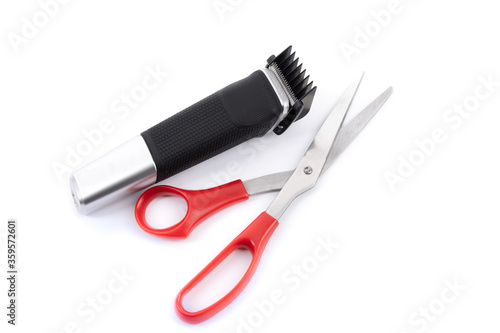 hair cutting tools for a home haircut, electric clipper and scissors