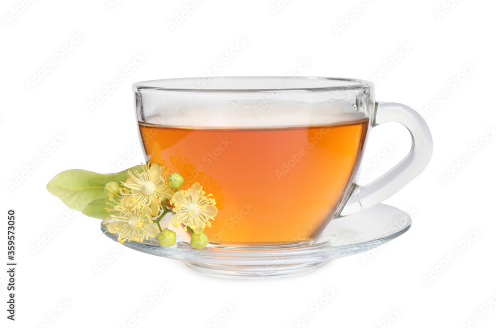 Cup of tea and linden blossom on white background Cup of tea and linden blossom on white background