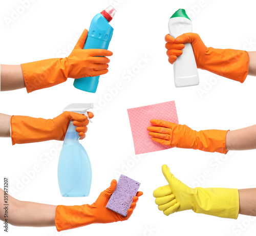 Collage with photos of people holding cleaning supplies on white background, closeup