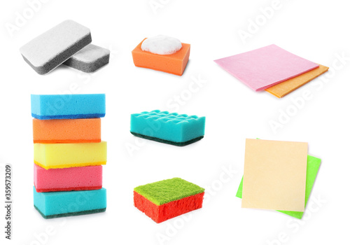 Set with different sponges on white background. Cleaning service