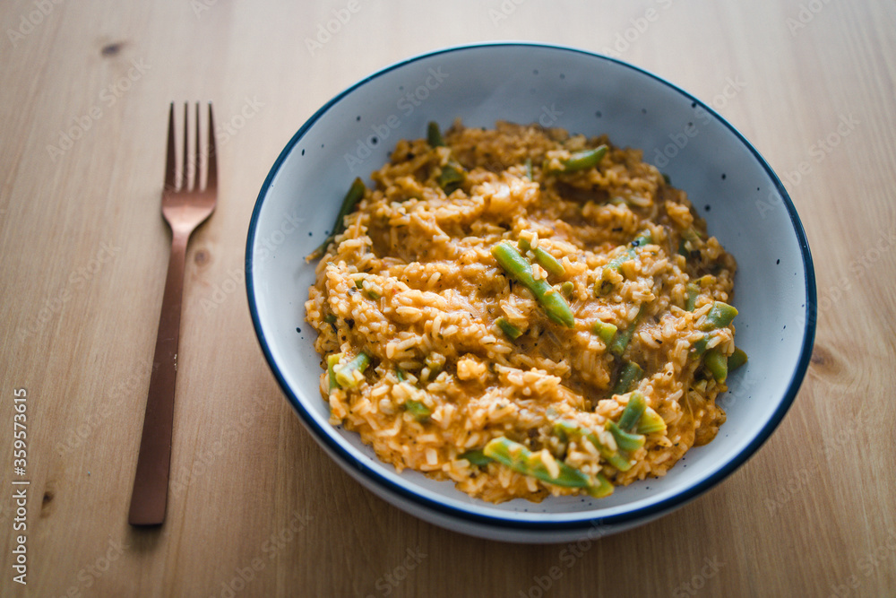 plant-based food, vegan red pesto risotto with green beans plant-based food, vegan red pesto risotto with green beans