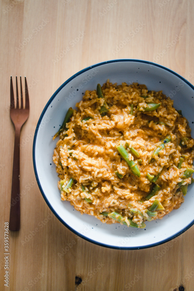plant-based food, vegan red pesto risotto with green beans plant-based food, vegan red pesto risotto with green beans