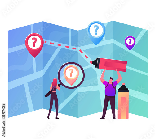 Tiny Male and Female Characters Get Directions on Huge Map Painting Dotted Line between Points of Destination. Orienteering, Cartography or Topography, Hiking Route. Cartoon People Vector Illustration