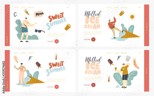 Characters Eating Melted Ice Cream Landing Page Template Set. Summer Food, Sweet Dessert, Cold Meal. Adults or Kids Eat Icecream Popsicle, Waffle Cone, Creme Brulee. Linear People Vector Illustration