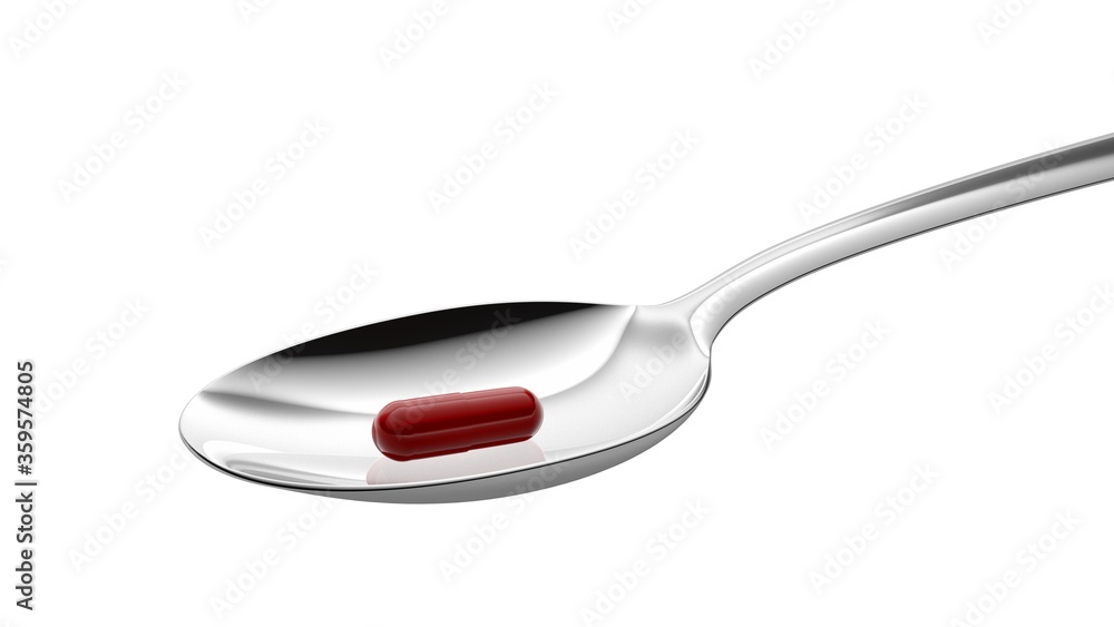 Spoon with red capsule isolated on white background. Closeup. 3d illustration. Stainless steel utensil. Spoon with red capsule isolated on white background. Closeup. 3d illustration. Stainless steel utensil.