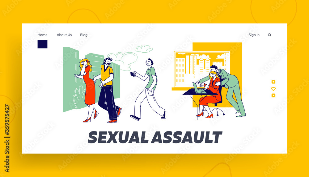 Sexual Assault Landing Page Template. Male Character Company Boss Put Hand on Woman Shoulder at Workplace. Teenagers Record Harassment Video on Touch Girl Buttocks. Linear People Vector Illustration