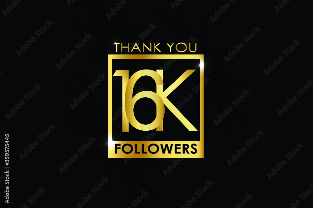 16K,16.000 Followers thank you logotype with golden Square and Spark light white color isolated on black background for social media, internet, website - Vector