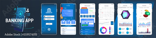 Design mobile app UI, UX, KIT. Banking mobile application on five touch screens with smartphone mockup. Web User interface (Payment menu, bank card management, transactions, graphics and other) Vector