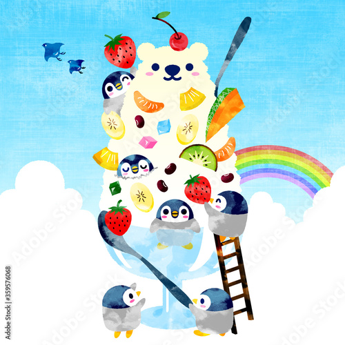 白クマかき氷と子供ペンギン