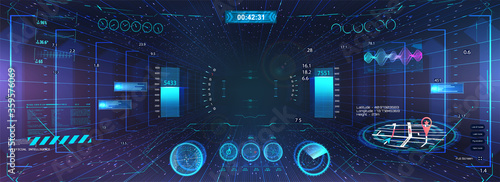 Display VR with Head Up Interface HUD. Futuristic technology design display. View from the cockpit, Sci-fi helmet. Virtual reality with User interface GUI, UI, HUD. Navigation, gadgets, menu. Vector