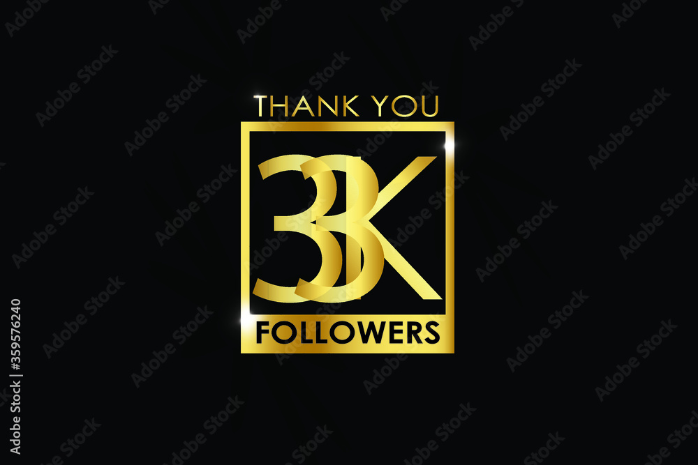 33k, 33.000 Followers thank you logotype with golden Square and Spark light white color isolated on black background for social media, internet, website - Vector