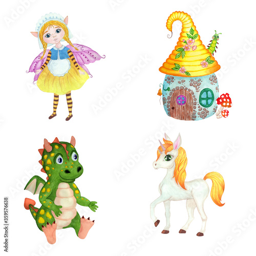 Set of cartoon characters. Fairy, unicorn, dragon and a small house. Isolated on a white background. Children's hand-drawn watercolor illustration.
