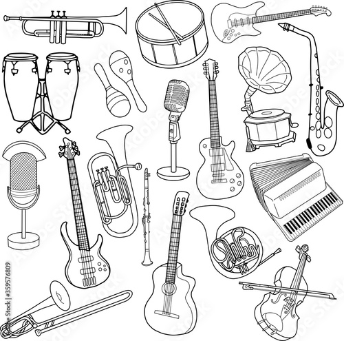 Set of musical instruments holographic. Doodle style. Contour on white background. For postcard, icon, logo,