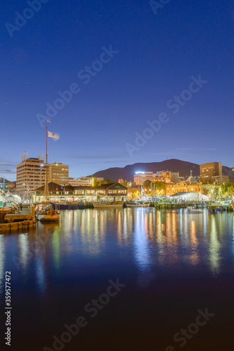 Hobart waterfront at night with Mount Wellington in background