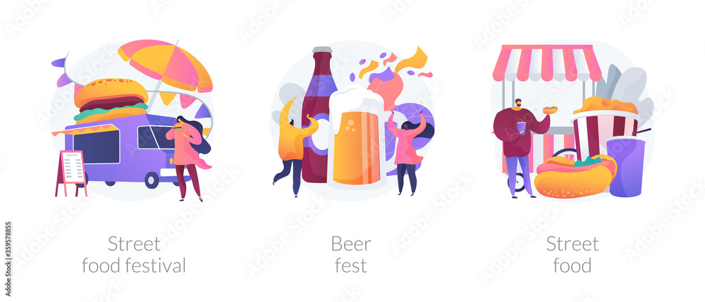 Local food event abstract concept vector illustration set. Street food festival, beer fest, truck service, chef prepare meals, international menu, street brewing, art and music abstract metaphor.