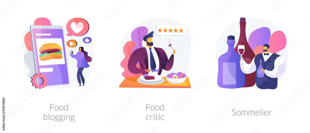 Fototapeta premium Food review abstract concept vector illustration set. Food blogging and critic, sommelier, social media, restaurant chef, rating, expert opinion, culinary show, wine steward, foodie abstract metaphor.