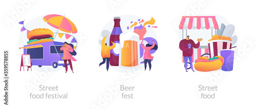 Local food event abstract concept vector illustration set. Street food festival  beer fest  truck service  chef prepare meals  international menu  street brewing  art and music abstract metaphor.