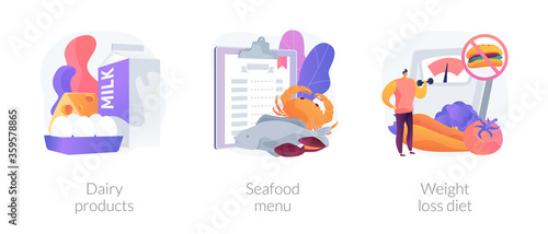 Healthy food abstract concept vector illustration set. Dairy products, seafood menu, weight loss diet, fermented milk, fish house, pescatarian, low-carb diet, drink water abstract metaphor.
