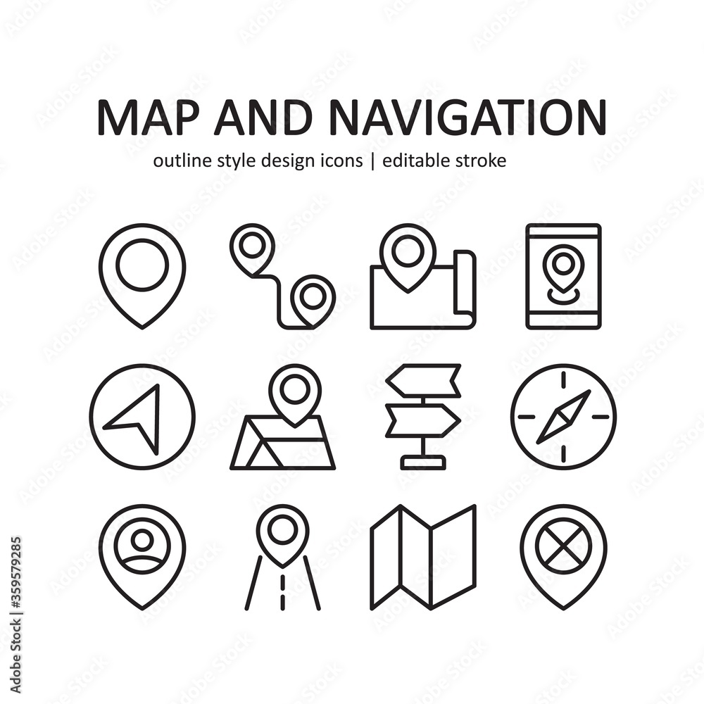 Map and navigation icon set. Contains such Icons as route, direction, and more. Line style design. Vector graphic illustration. Suitable for website design, logo, app, template, ui. Editable stroke.