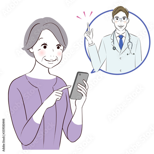 eldery woman having online consultation with woman doctor on smartphone