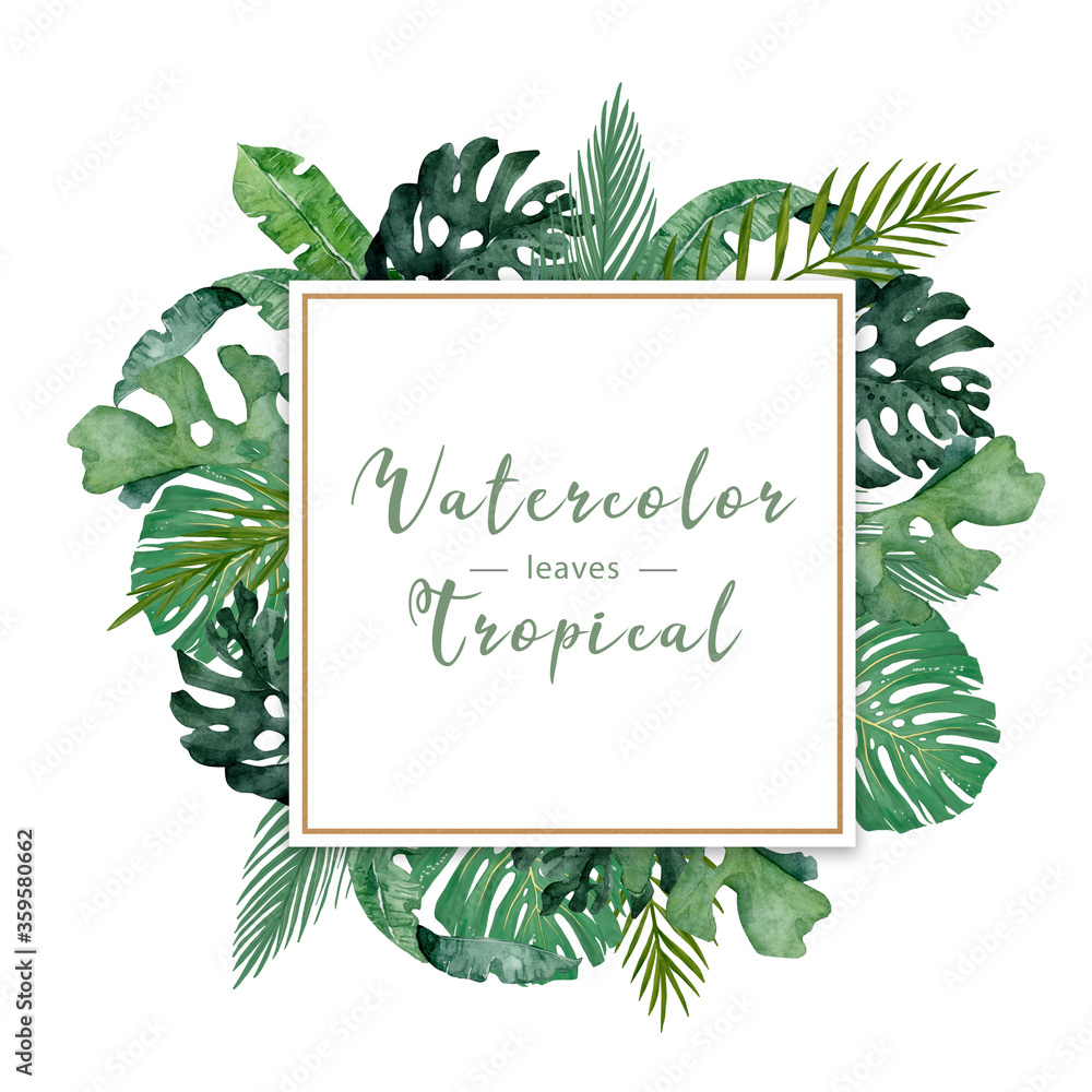 Adorable floral exotic horizontal square frame with pink flowers, tropical leaves. Hand drawn watercolor isolated illustration on white background