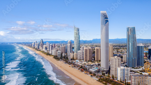 Aerial view over Surfers Paradise beach and famous skyline. © Bostock