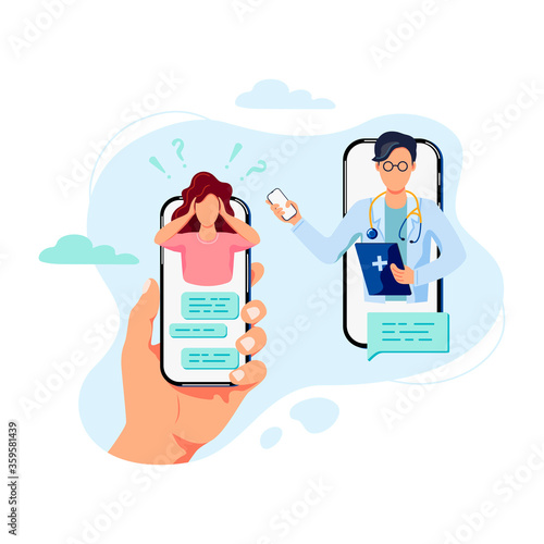 Tele medicine, online doctor and medical consultation concept. Doctor helps a patient on a mobile phone. Flat cartoon style vector illustration.