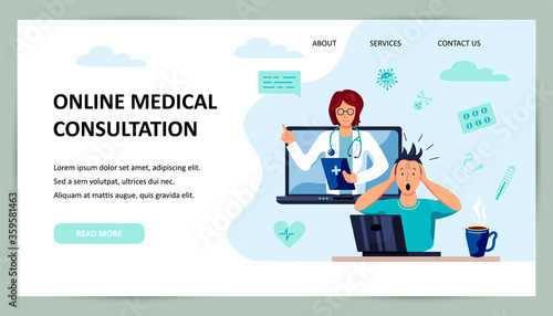 Tele medicine, online doctor and medical consultation concept. Doctor helps a patient on a laptop. Place for text. Flat cartoon style vector illustration.