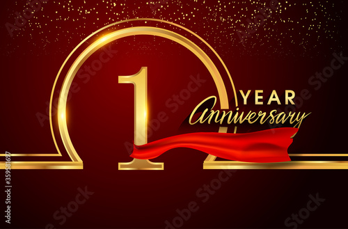 1st anniversary logo with confetti and golden ring, red ribbon isolated on red background, vector design for greeting card and invitation card.