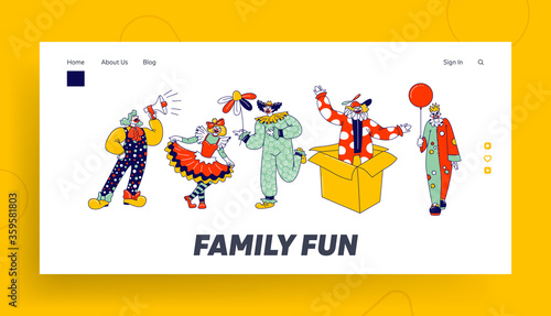 Big Top Circus Clowns Landing Page Template. Funny Carnival Funsters Characters, Jesters in Bright Costumes, Periwig, Makeup and Fake Nose Performing Show on Stage. Linear People Vector Illustration