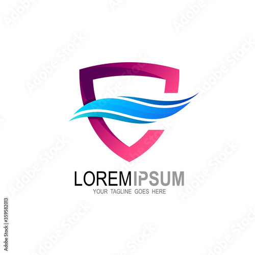 Shield logo and wave design combination, Surfing logo, Ocean icons