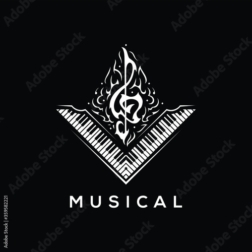 Music logo vector. Musical key note with piano template logo  for a musical company, Design element for logo, poster, card, banner, emblem, t shirt. Vector illustration