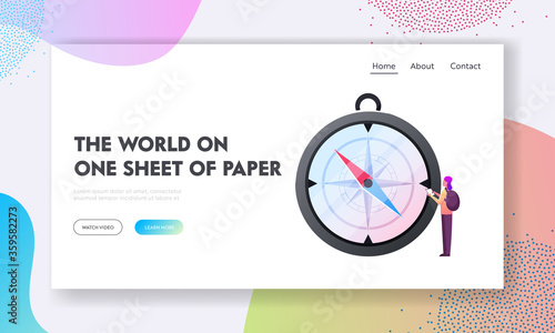 Cartography Orienteering, Navigation Equipment Landing Page Template. Choose Correct Direction, Tourism and Hiking. Tiny Female Character Make Notes Stand at Huge Compass. Cartoon Vector Illustration