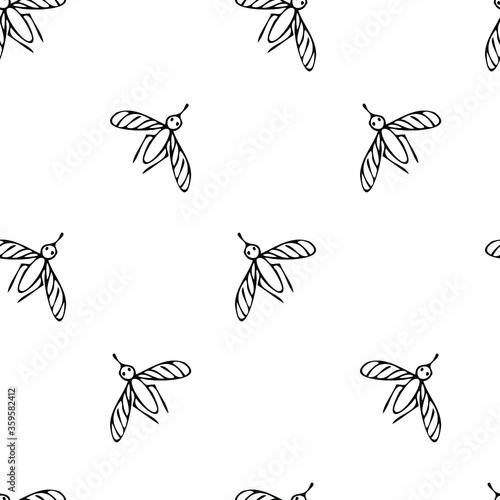 Seamless background with insects. Contour doodle drawing of a mosquito. Vector image.