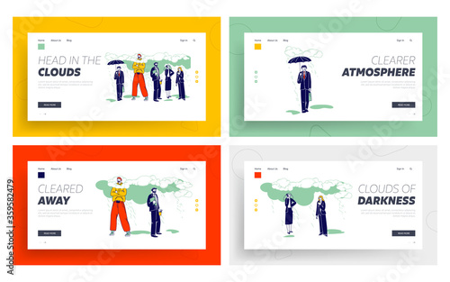 Daydreaming, Creative Imagination or Positivity Landing Page Template Set. Happy Male Character in Bright Clothing Stand with Head in Clouds, Sad Busy People in Formal Wear. Linear Vector Illustration