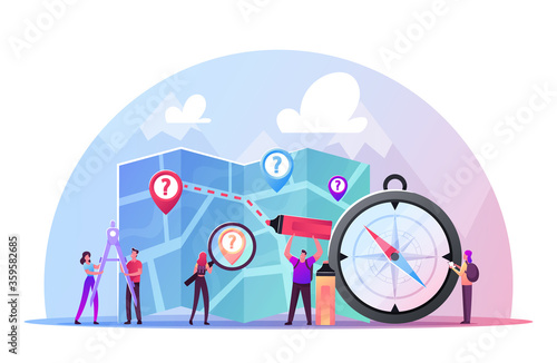 Cartography Concept. Tiny Male and Female Characters with Huge Compass, Divider and Pen Planning Route on Map Put Marks for Destination Points. Tourism Hobby, Sport. Cartoon People Vector Illustration