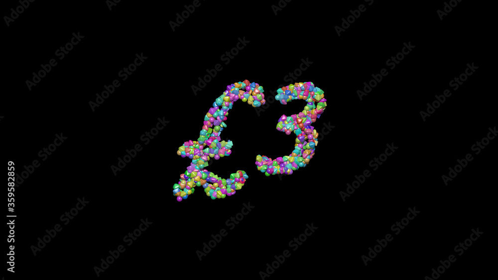£: 3D illustration of the text made of small objects over a black background with shadows £: 3D illustration of the text made of small objects over a black background with shadows