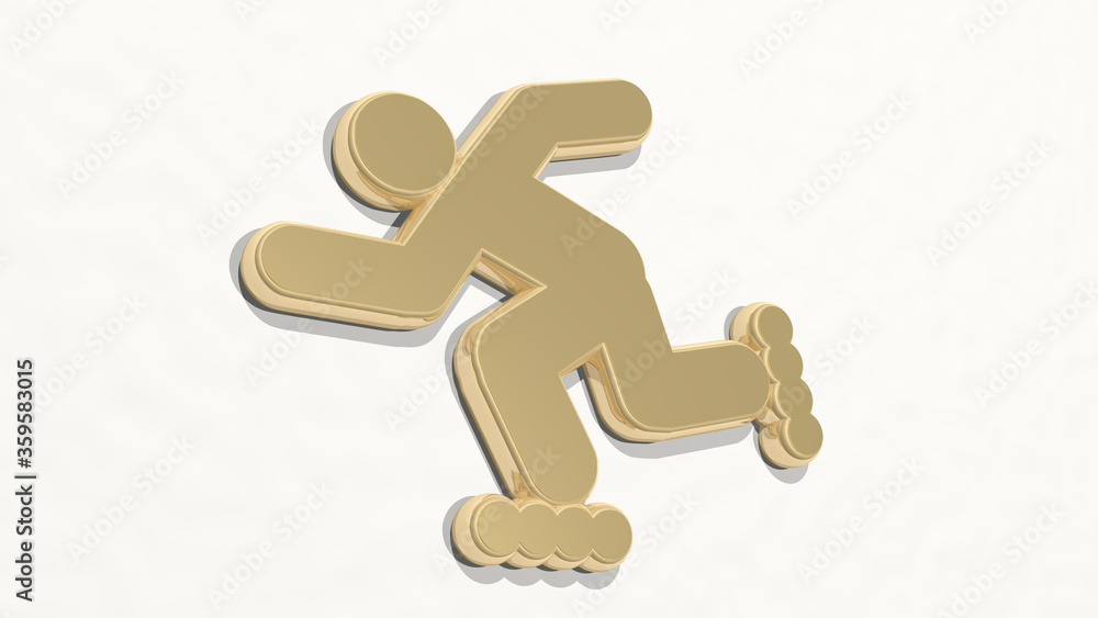 MAN WITH ROLLER SKATE made by 3D illustration of a shiny metallic sculpture on a wall with light background. brush and amusement MAN WITH ROLLER SKATE made by 3D illustration of a shiny metallic sculpture on a wall with light background. brush and amusement