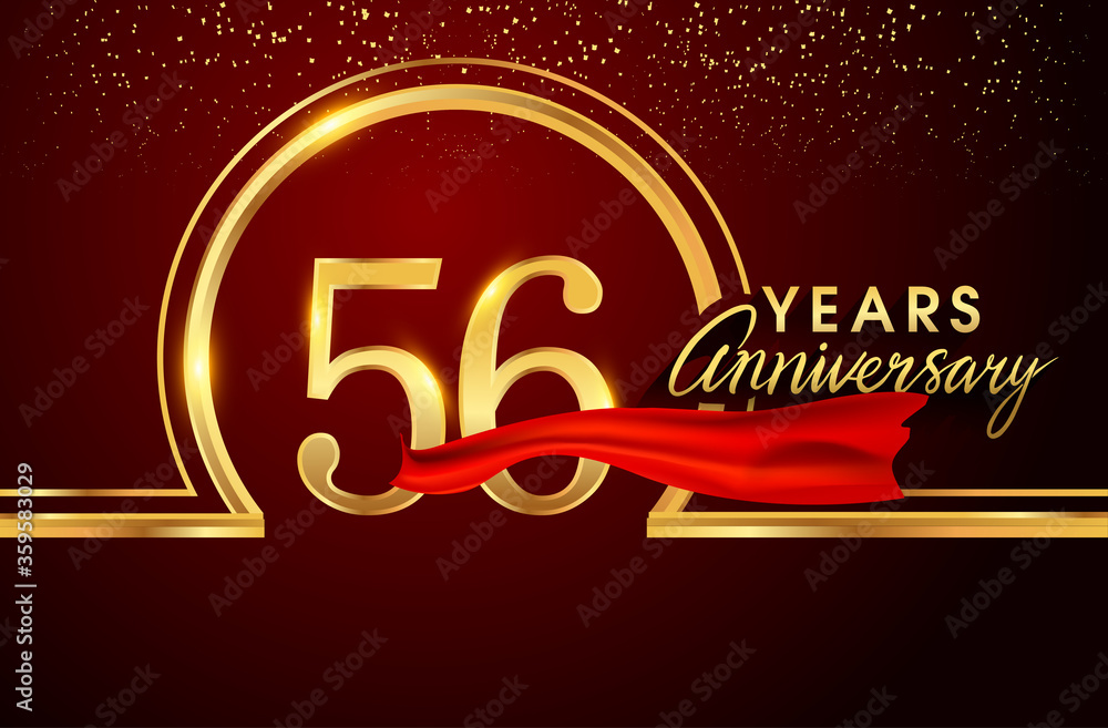 56th anniversary logo with confetti and golden ring, red ribbon isolated on red background, vector design for greeting card and invitation card.