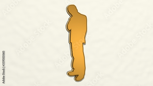 MAN on the wall. 3D illustration of metallic sculpture over a white background with mild texture